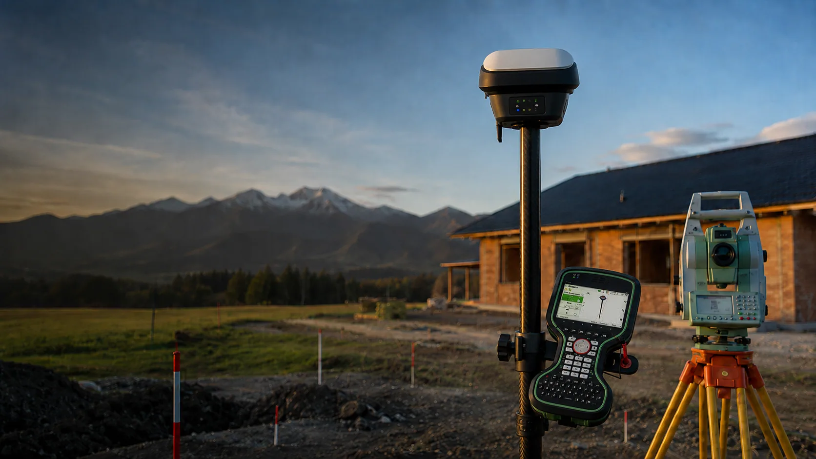 Leica GS18 T s kontrolérom CS20 a Topcon totálna stanica pri geodetickom meraní v teréne